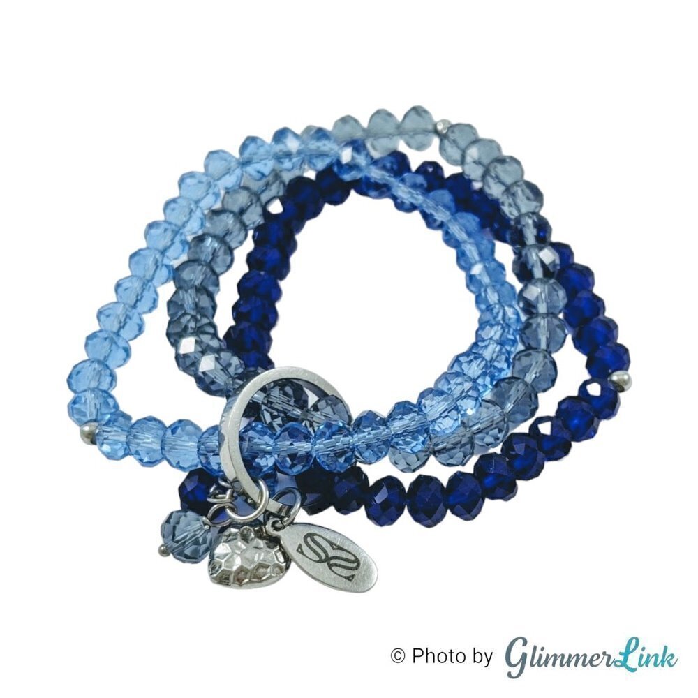 Three Strand Shades of Blue Faceted Bead Silver Tone Bracelet